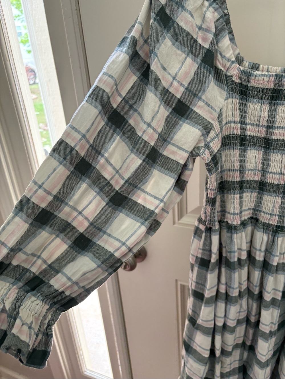 Madewell Lucie Elbow-Sleeve Smocked Mini Dress in Lebaum Plaid Size XL - Picture 4 of 9